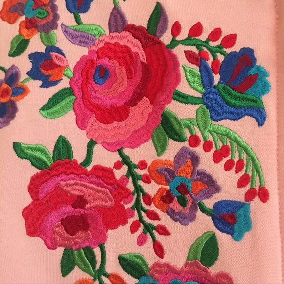 Pink sweater with black & white striped trim featuring bright florals size M - Picture 2 of 8